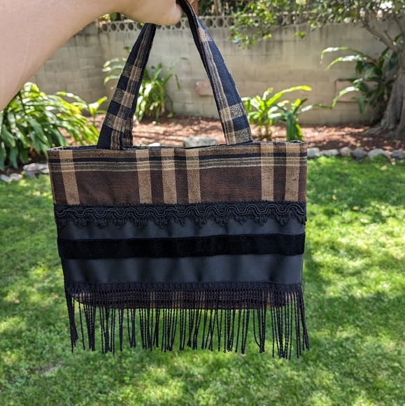 90s VTG Brown Plaid Fringe Mini Bag - Picture 5 of 11